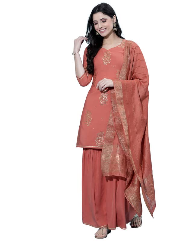 Sanisa Women'S Leather Foil Georgette Straight Kurta Set With Dupatta (36Kbd451N-S_Coral)