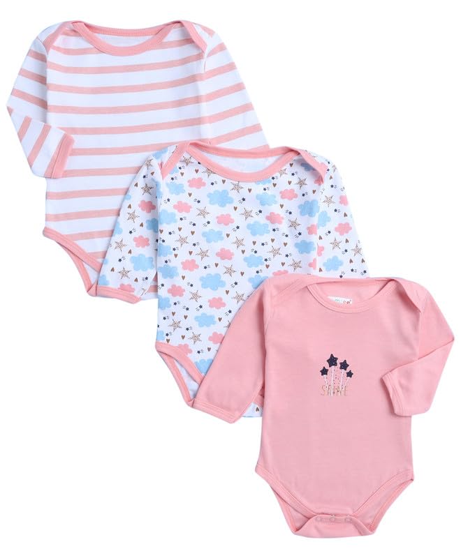 BUMZEE Peach & White Baby Girls Full Sleeves Cotton Bodysuit/Onesies Pack Of 3 Age - New Born (Peb9946A-pch.wht)