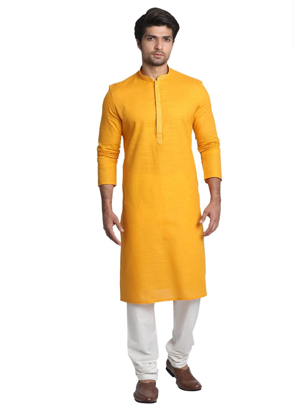 Manyavar SelfDesign Knee Long Kurta and Churidar Set for Men - (Mustard, XX-Large)