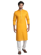 Manyavar SelfDesign Knee Long Kurta and Churidar Set for Men - (Mustard, XX-Large)