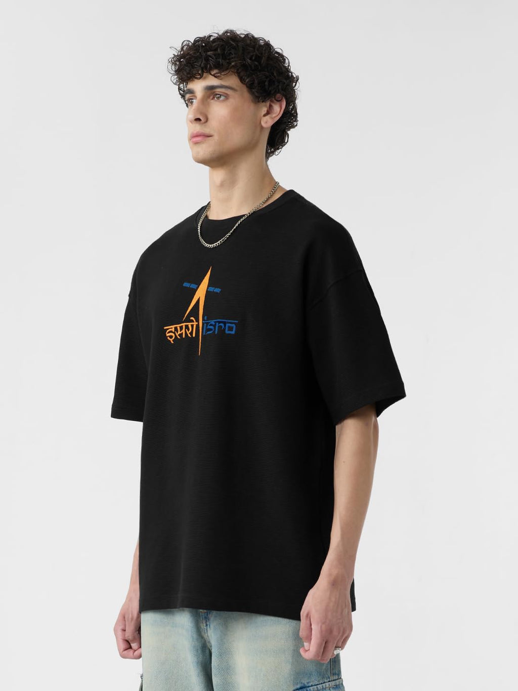 The Souled Store ISRO: Space Explorer Men and Boys Short Sleeves Round Neck Black Embroidered Cotton Oversized T-Shirts
