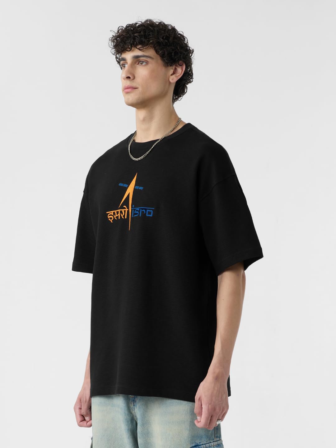 The Souled Store ISRO: Space Explorer Men and Boys Short Sleeves Round Neck Black Embroidered Cotton Oversized T-Shirts