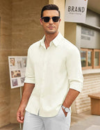CB-COLEBROOK Mens Long Sleeve Button Down Shirts Casual Cotton Linen Shirts Summer Beach Shirt for Mens Top (in, Alpha, 2XL, Re
