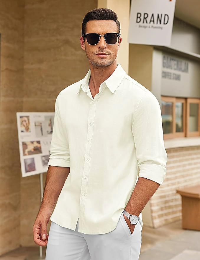 CB-COLEBROOK Mens Long Sleeve Button Down Shirts Casual Cotton Linen Shirts Summer Beach Shirt for Mens Top (in, Alpha, M, Regu