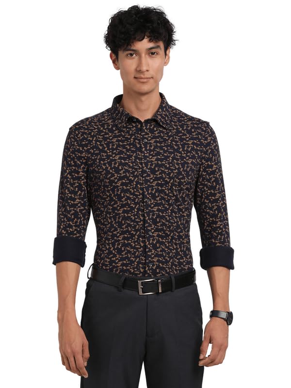 Turtle Men Navy Blue Knitted Printed Ultra Slim Fit Party Shirts