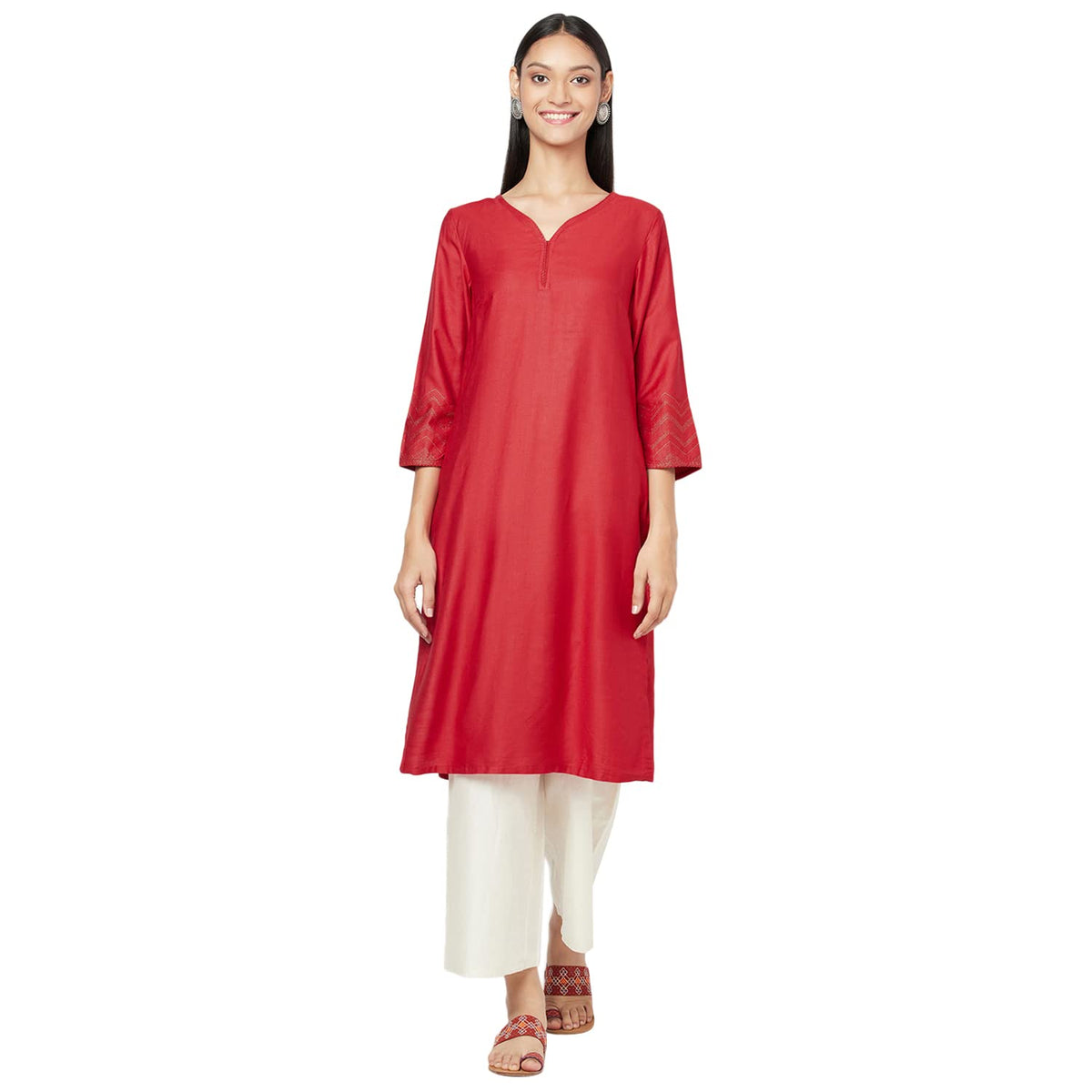 Fabindia WomenS Viscose Silk Embroidered Regular Kurta_Red_M