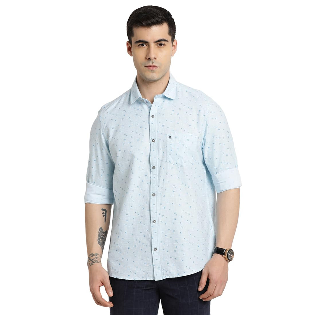 Turtle Men Cotton Melange Printed Slim Fit Sky Blue Casual Shirt