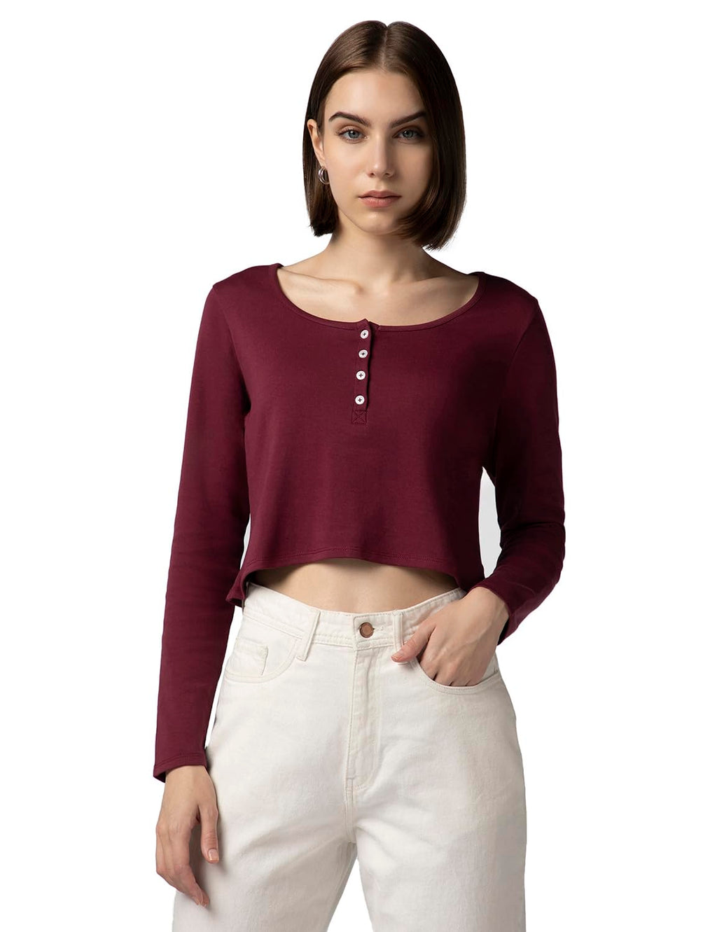 FYLTR Womens Casual Scoop Neck Henley T-Shirt - Full Sleeves | Fitted Length
