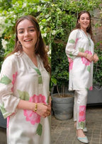 ANNI DESIGNER Womens Chanderi Cotton Straight Printed Co-Ord Set (Lace Cream Co-ord-NKL_L_Cream_Large)