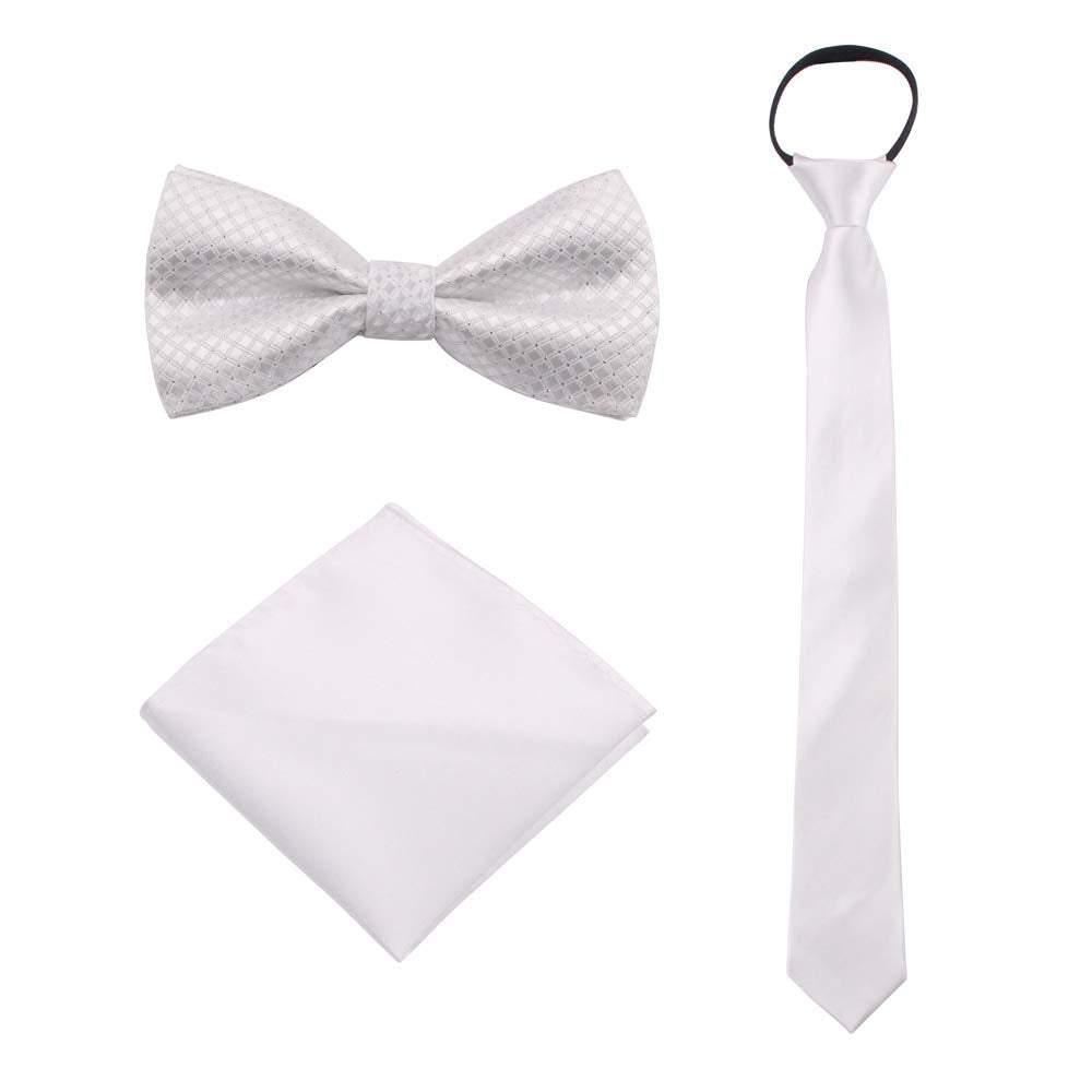 GUCHOL Boys Bow Tie Pocket Square Necktie - 3 Piece Set for Kids with Wedding Praty (White, 7-15 Year)