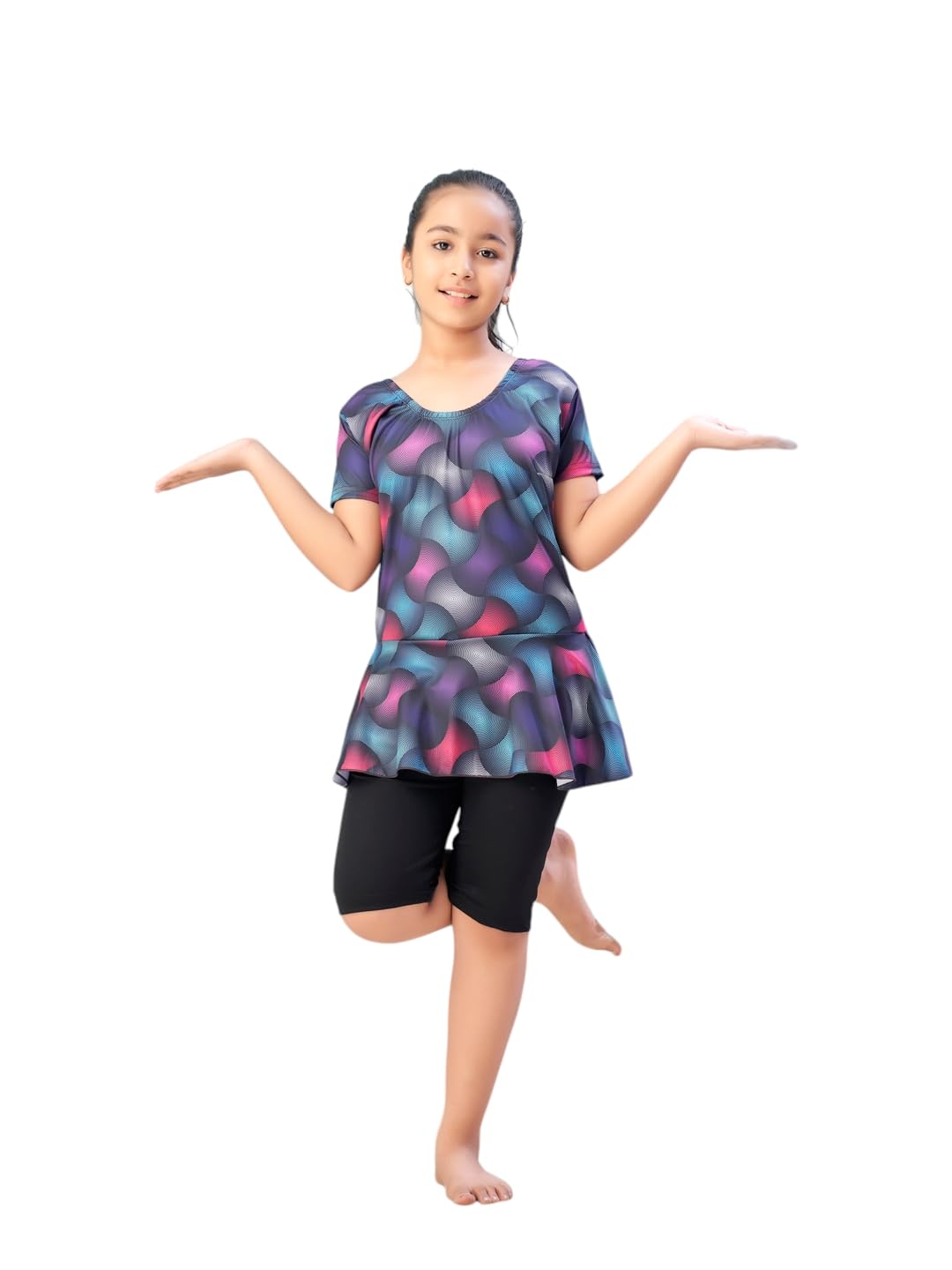Aarika Girls Sports Wear Multi-Black Colour Abstract Print Nylon Swim Suit (5-15 Years)-(SW-SHM-CA-1120)