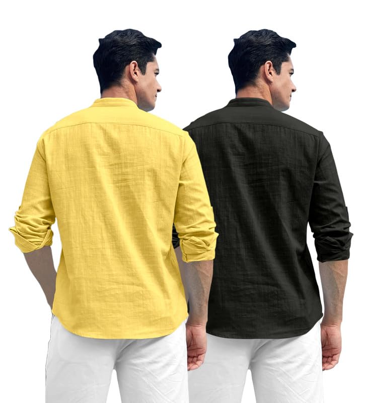 Royalscout Combo Of MenS Solid Cotton Blend Full Sleeve Straight Kurta Shirt (Pack Of 2) Yellow-Black