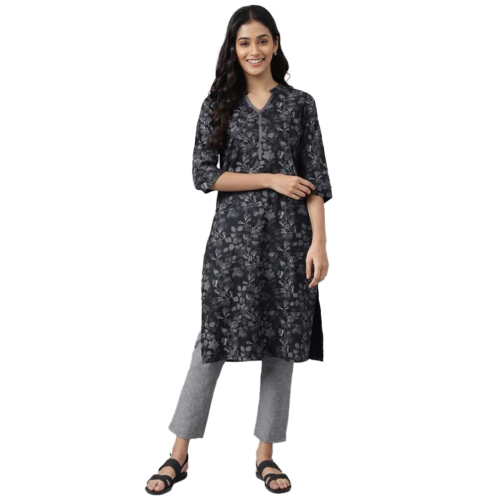 Aurelia Floral Viscose Mandarin Womens Kurta (Small,Grey)
