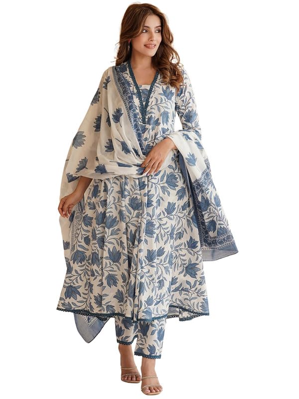 Pinkmint Women Cotton Blend Floral Printed Kurta with Pant & Dupatta Off White
