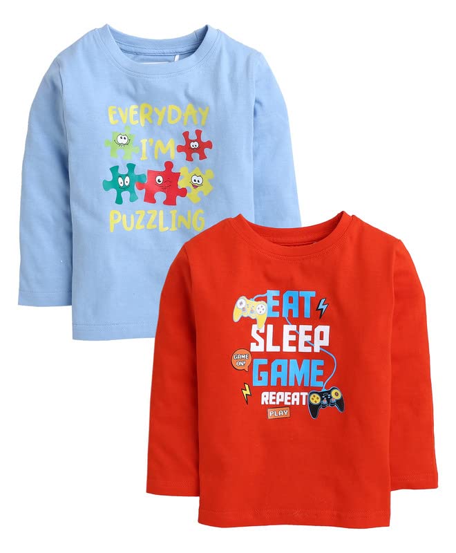 BUMZEE Blue & Red Full Sleeve Boys T-Shirt Pack of 2 Age - 6-12 Months