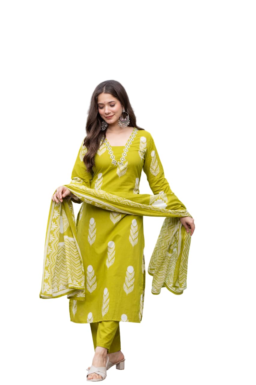 Rangnavi WomenS Printed 100% Cotton Straight Kurta With Pants And Dupatta Set | Ethnic Set |Kurta Set