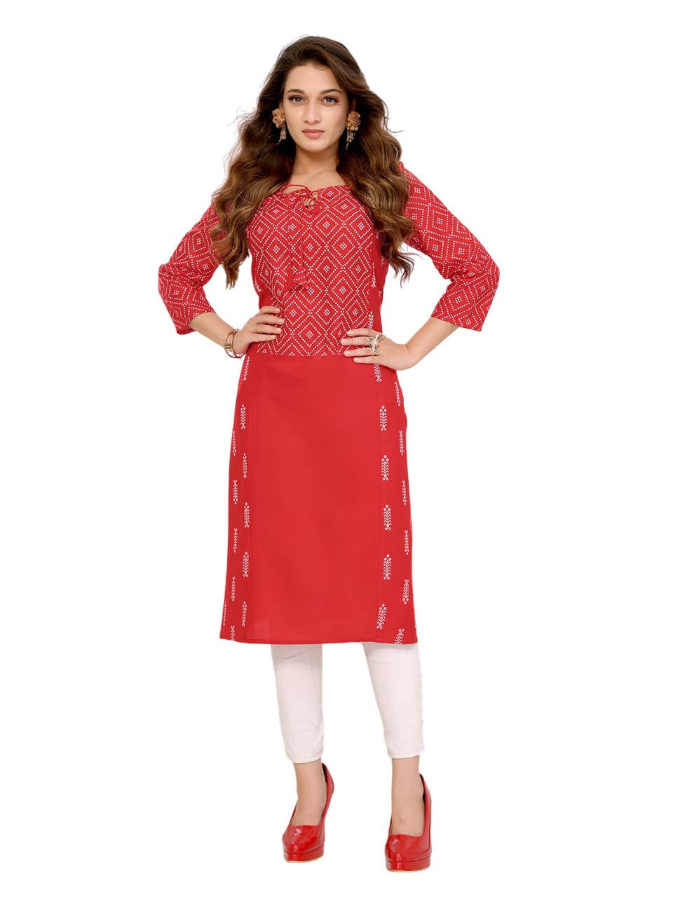 Rangita Red Rayon Calf Length Printed Straight Kurti | Kurta For Women_Xl