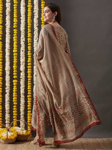 ANNI DESIGNER Womens Cotton Blend Straight Printed Kurta with Pant & Dupatta (Kalpa Beige_S_Beige_Small)