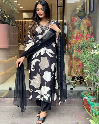 ANNI DESIGNER Womens Rayon Blend Straight Printed Kurta with Pant & Dupatta (KALAL Black_XL_Black_X-Large)