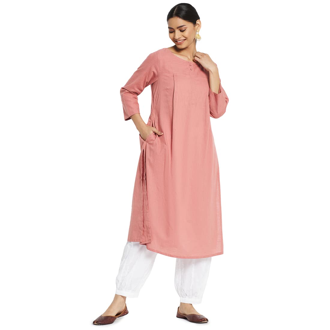 Fabindia Women Neck Woven Cotton Long Kurta Round_Pink