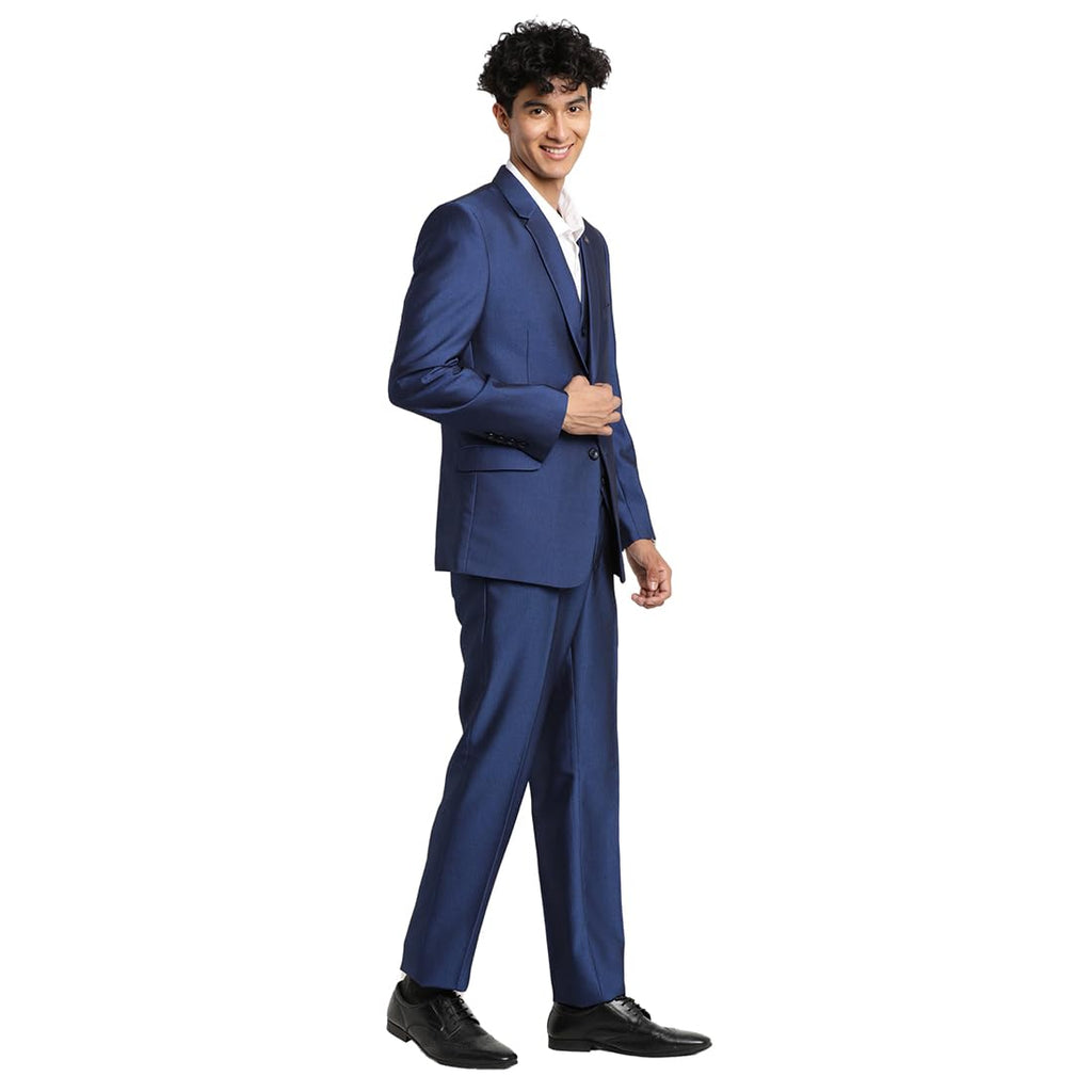 Turtle Men 100% Cotton Dobby Print Full Sleeve Three Piece Blue Party Suit