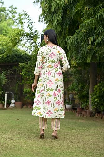 ANNI DESIGNER Womens Rayon Blend Straight Printed Kurta with Pant & Dupatta (Kumud Cream-VKS03_M_Cream_Medium)