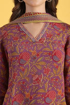 W For Woman Purple Printed Flarred A-Line Kurta & Straight Pant With Dupatta Set