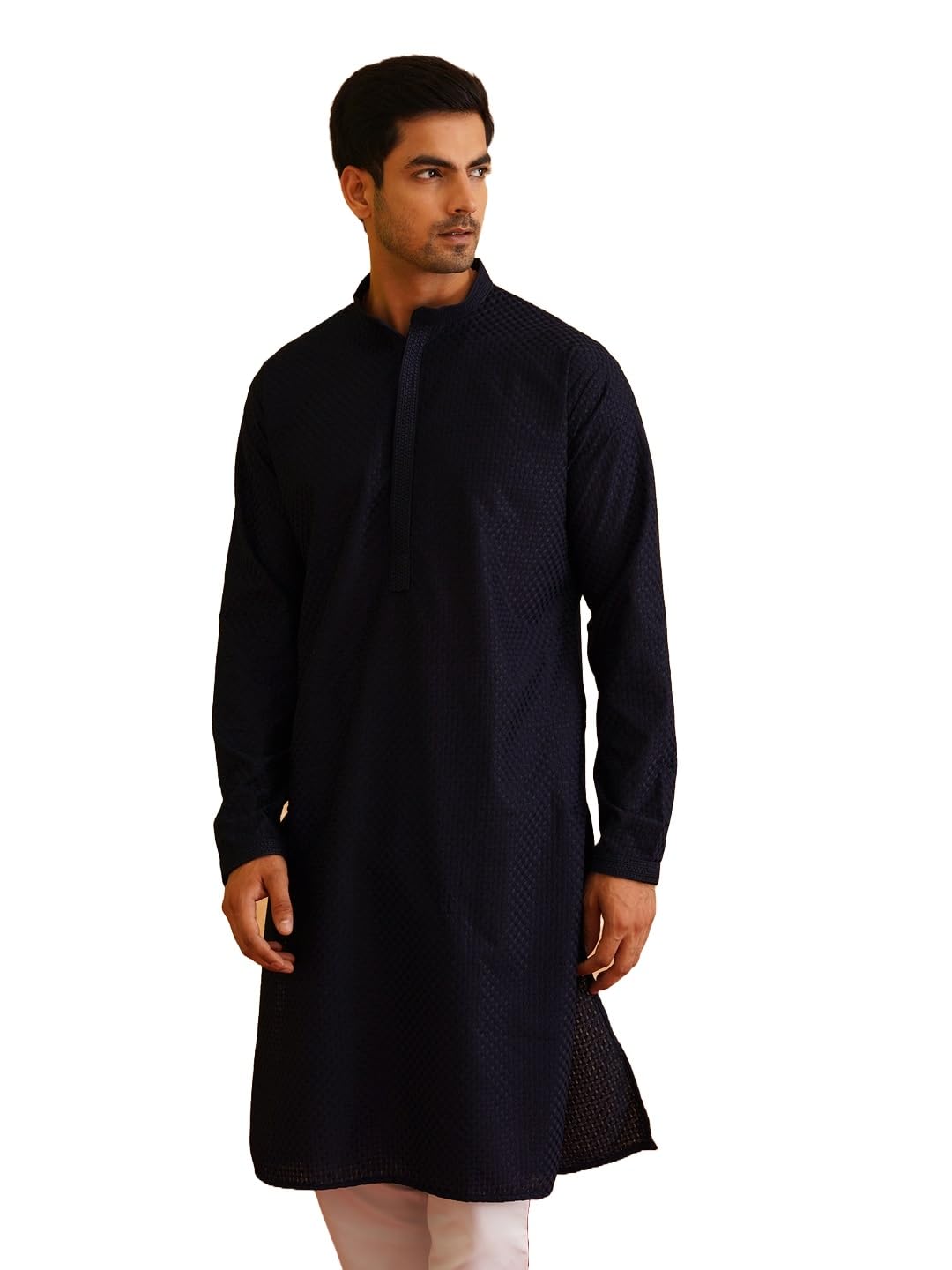 SOJANYA (Since 1958 Mens Geometric Embroidered Thread Work Cotton Blend Straight Navy Blue Long Kurta