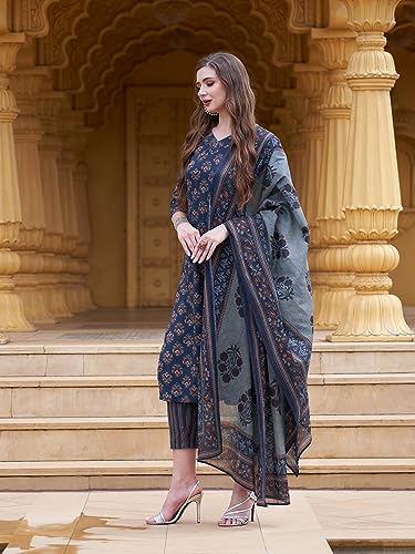 ANNI DESIGNER Womens Cotton Blend Straight Printed Kurta with Pant (Bagwara Blue_L_Blue_Large)
