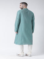 Kisah Men Seafoam Green Solid Straight Kurta Full Sleaves, Knee Length, Straight, Regular Fit, Mandarin Collar Ethnic Casual Wea