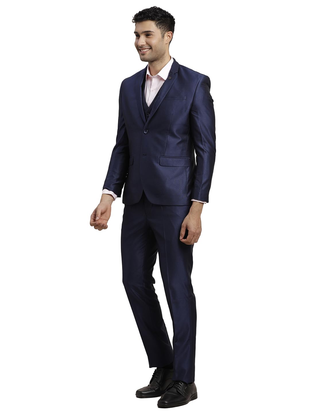 Turtle Men Poly-Viscose Dobby Print Full Sleeve Three Piece Blue Party Suit