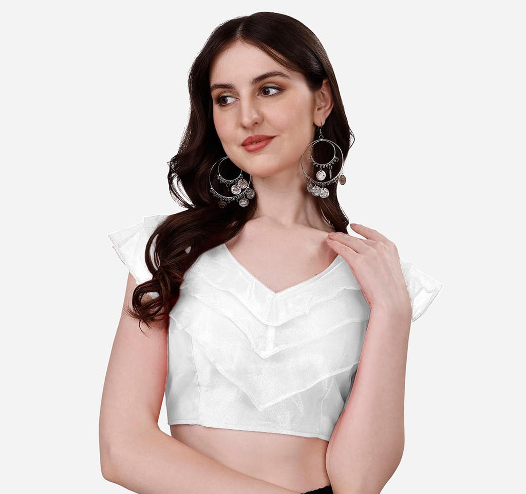 Vihu Fashion WomenS V Neck Orgenza Three Layer Ruffle Sleeve Frill Readymade Saree Blouse