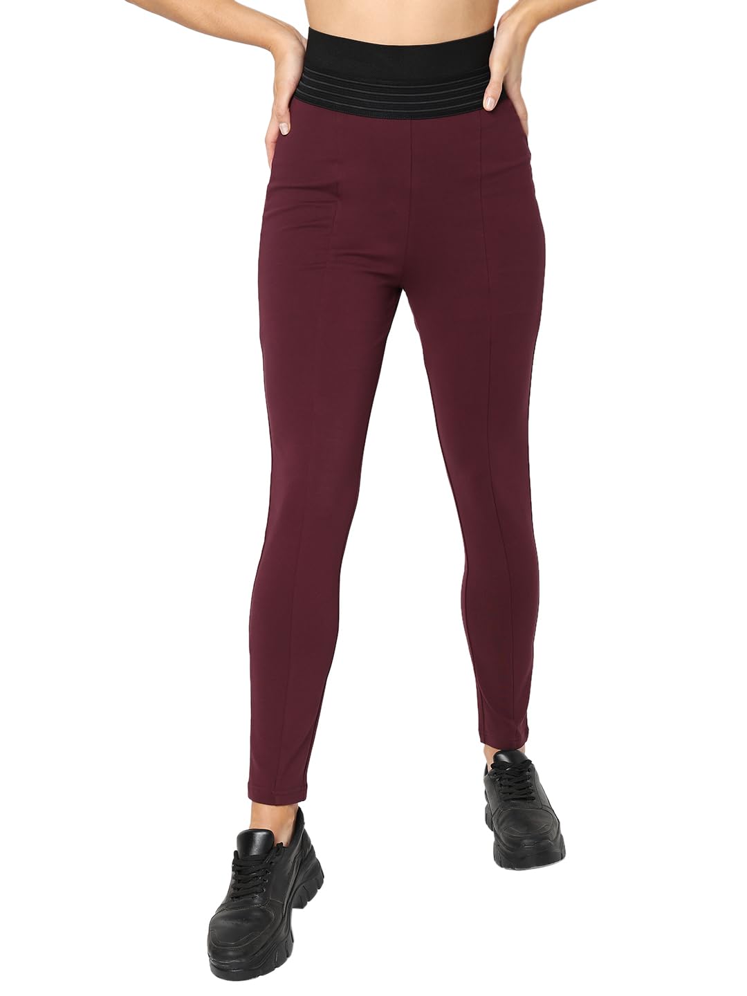 Vero Moda Women Solid Maroon Viscose Skinny Fit High-Rise Leggings