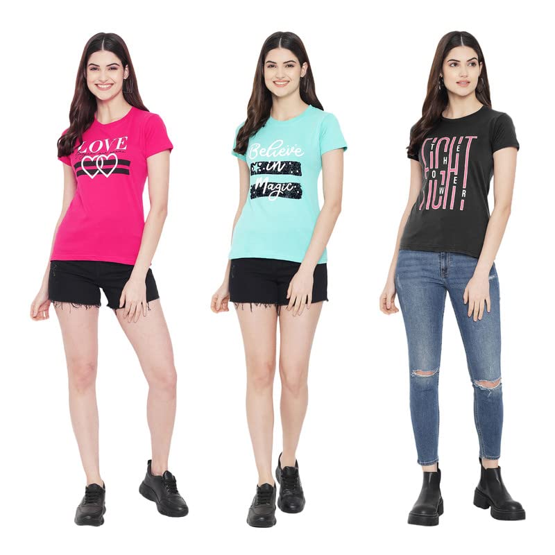 Preneum Womens Cotton Regular Fit Latest Graphic Stylish Printed Short Sleeves Casual T-Shirt || Trendy & Styling (Pack 3), Pin
