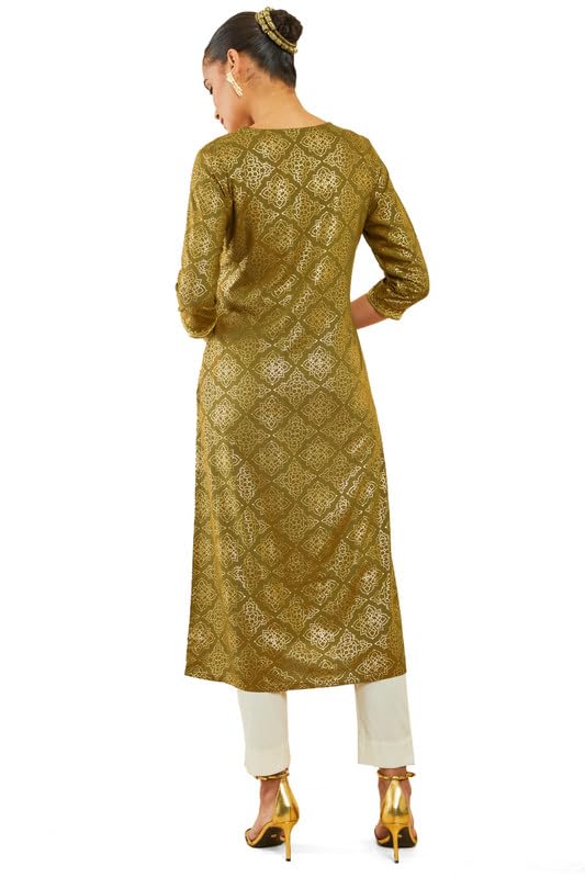 Soch Womens Olive Rayon Kurta with Ethnic Print and Embroidery