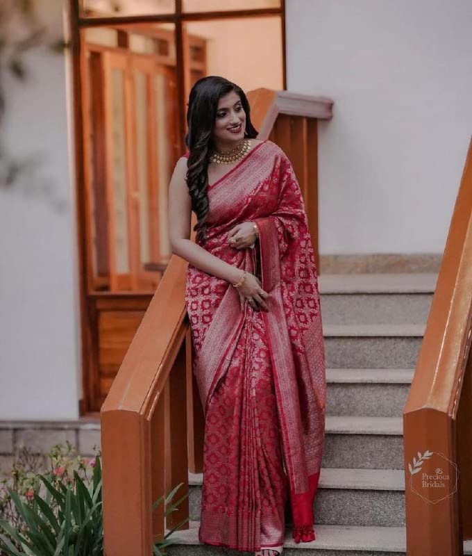 Flosive Womens Present Banarasi Soft Lichi Silk Saree Beautiful Jacquard Rich Pallu Design Work Zari Woven Kanjivaram Silk Styl