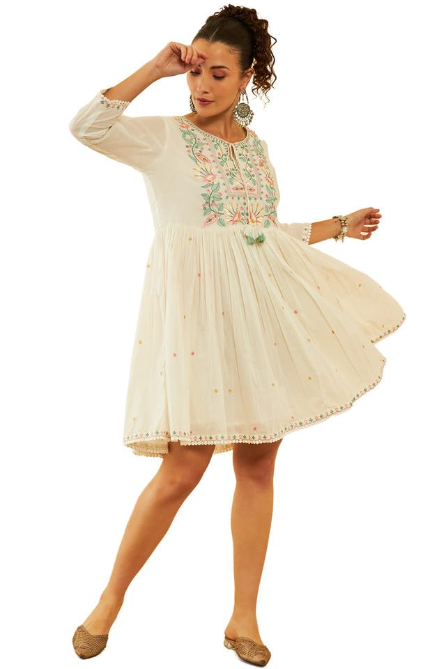 Soch Women & Cotton Embroidered A-Line Ethnic Dress with Tie-Ups