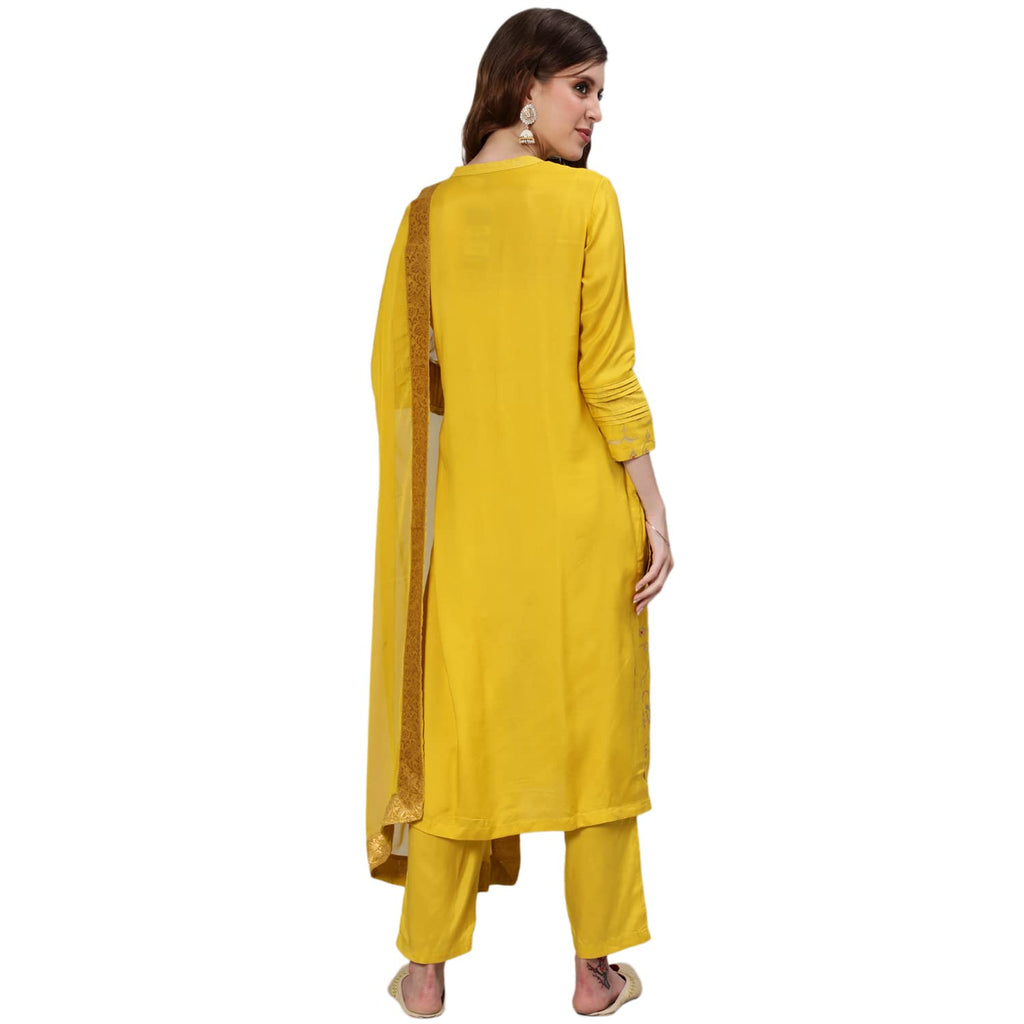 Ishin Women'S Silk Blend Embroidered Zari Yellow Floral Print A-Line Kurta Suit Set With Dupatta & Trouser