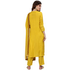 Ishin Women'S Silk Blend Embroidered Zari Yellow Floral Print A-Line Kurta Suit Set With Dupatta & Trouser