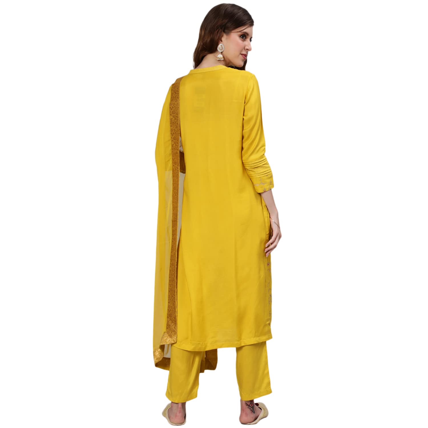 Ishin Women'S Silk Blend Embroidered Zari Yellow Floral Print A-Line Kurta Suit Set With Dupatta & Trouser
