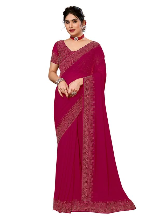 Satrani Womens Georgette Hot Fixing Saree with Unstitched Blouse Piece (3320S151N_Rani Pink)
