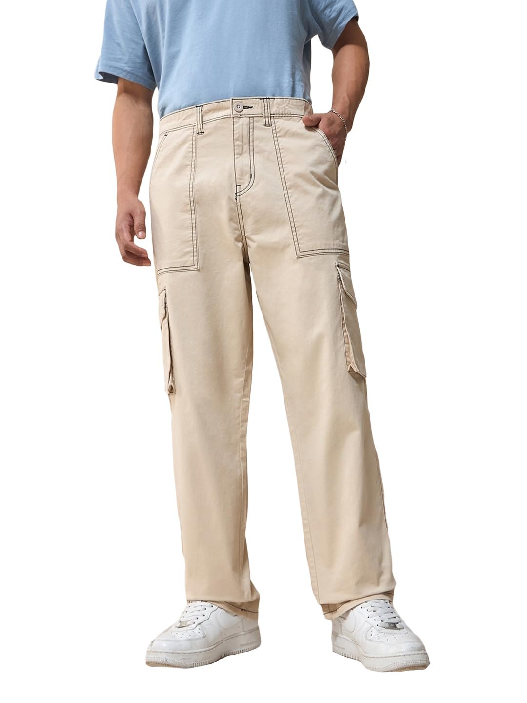 Bewakoof Mens Solid Oversized Fit Cotton Blend Mid Rise Cargo Pants_609843_Beige_30