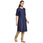 Fabindia Women Silk Straight Slim Fit Knee Length Kurta Viscose_ Navy Blue
