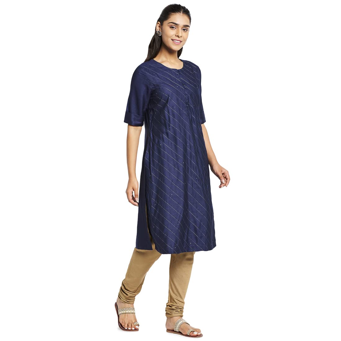 Fabindia Women Silk Straight Slim Fit Knee Length Kurta Viscose_ Navy Blue