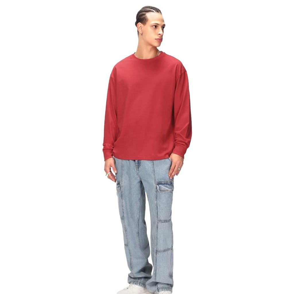 Bewakoof Mens Plain Solid 100% Cotton T-Shirt- Oversized Fit, Round Neck, Long Sleeve Red