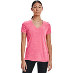 Under Armour Womens Tech V-Neck Twist Short-Sleeve T-Shirt , Cerise (655)/Metallic Silver , X-Small