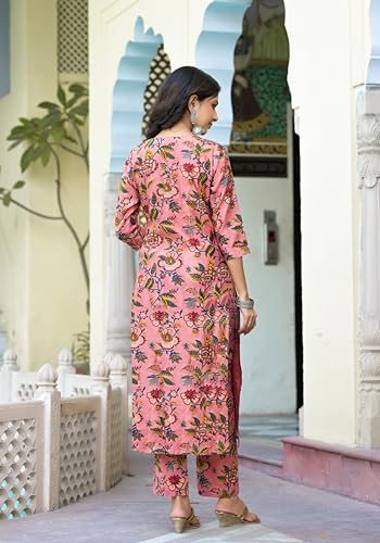 ANNI DESIGNER Womens Cotton Blend Straight Printed Kurta with Pant & Dupatta (Kinara Peach_M_Peach_Medium)
