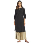 Fabindia Women Cotton Round Neck Knee Length Kurta Black_Xs