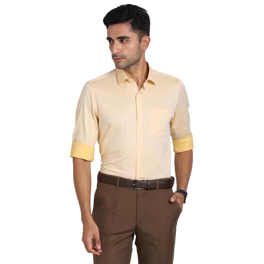 Turtle Men 100% Cotton Slim Fit Beige Self Design Full Sleeve Formal Shirt