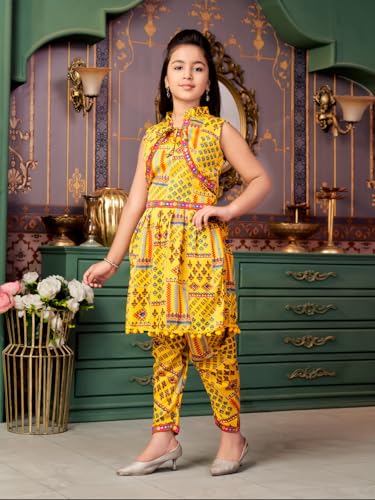 Aarika Girls Ethnic Wear Yellow Colour Abstract Print Crepe Kurti Patiala Set With Jacket (4-13 Years)